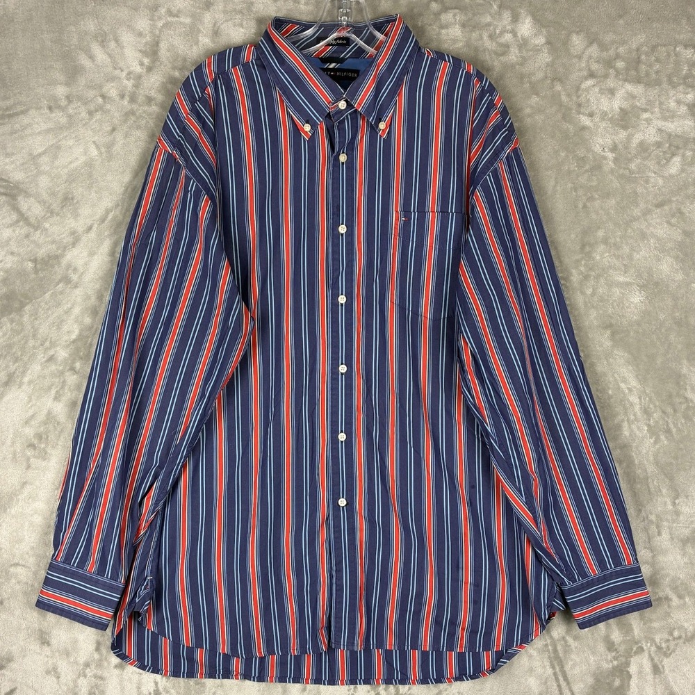 Tommy Hilfiger Mens XL Striped Button Down‎ Shirt Navy Red 80s 2-Ply Fabric